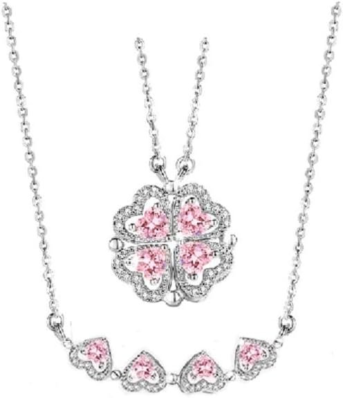 Sterling Silver Heart Shaped and Four Leaf Clover Convertible Pendant Necklace Crystals Jewelry for Women