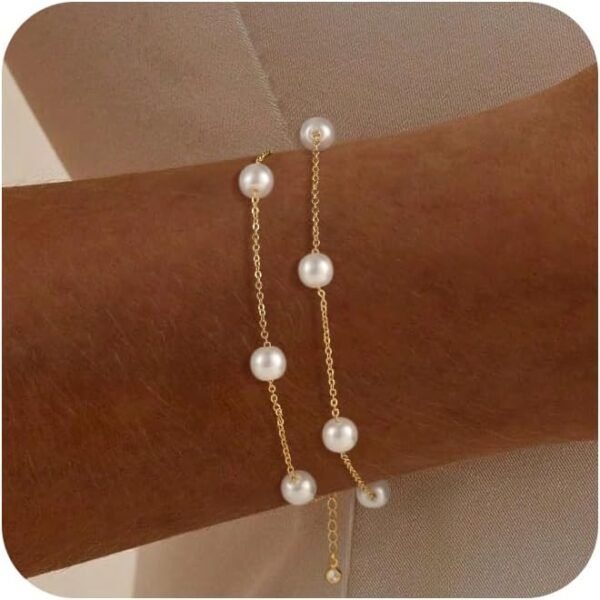 14k Gold Plated Pearl Bracelets for Women,Dainty Bracelets Stack Pearls Beaded Link Chain Charm Bracelets Set Layered Non Tarnish Tiny Jewelry for Women