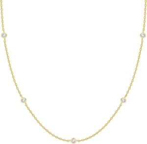 14K Gold Plated Station Necklace - Simulated Diamond Layering Necklaces - Womens CZ Chain