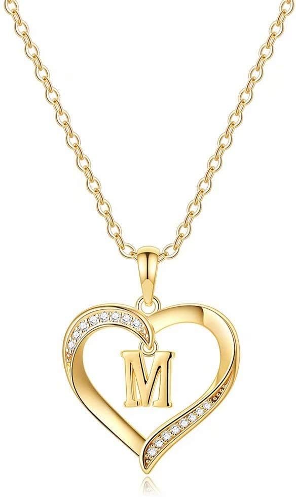 Heart Initial Necklace for Women, 14K Gold Plated Cubic Zirconia Heart Pendant Necklace, Dainty Initial Charm Necklace Letter A to Z Initial Jewelry for Women Girls