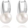 925 Sterling Silver Hoop Handpicked AAA+ Quality 7.5-8mm White Freshwater Cultured Pearl Dangle Drop Earrings Jewelry for Women