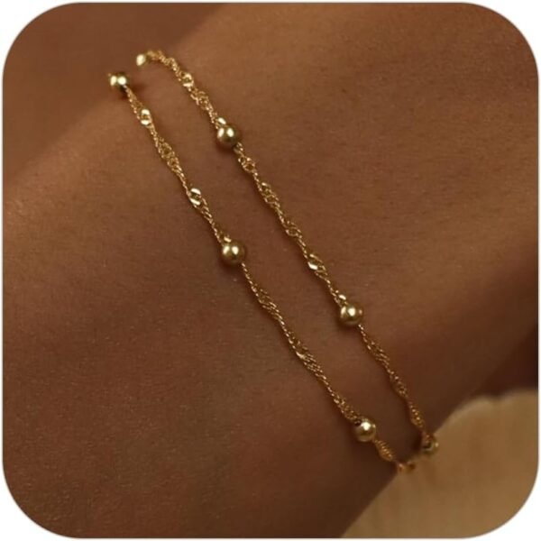 Gold Pearl Bracelets for Women Trendy, 14K Real Gold Plated Dainty Stackable Snake Chain CZ Heart Pendant Bracelets, Layered Waterproof Jewelry Gift for Women Adjustable 6"+2"