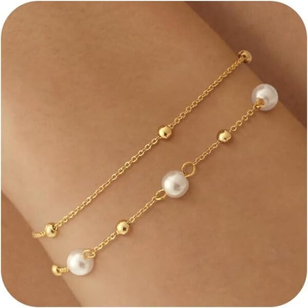 14k Gold Plated Pearl Bracelets for Women,Dainty Bracelets Stack Pearls Beaded Link Chain Charm Bracelets Set Layered Non Tarnish Tiny Jewelry for Women