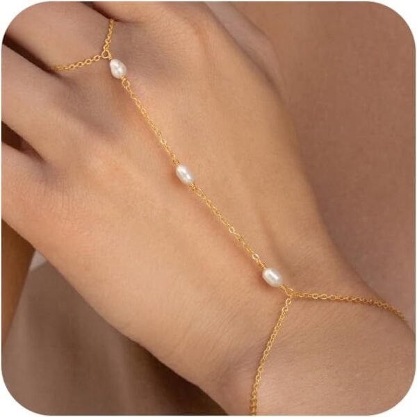 14k Gold Plated Pearl Bracelets for Women,Dainty Bracelets Stack Pearls Beaded Link Chain Charm Bracelets Set Layered Non Tarnish Tiny Jewelry for Women