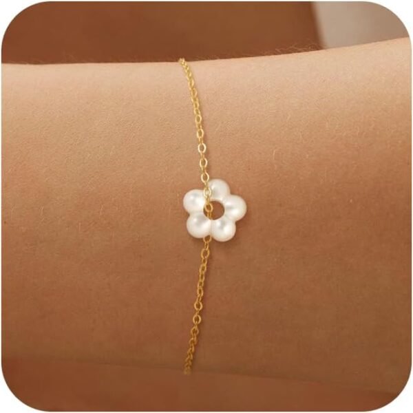 14k Gold Plated Pearl Bracelets for Women,Dainty Bracelets Stack Pearls Beaded Link Chain Charm Bracelets Set Layered Non Tarnish Tiny Jewelry for Women