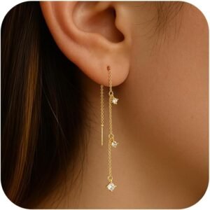 Gold Earrings for Women, Dainty 14K Gold Plated Dangle Earrings for Women Trendy Long Dangle Drop Chain Earring for Sensitive Ears Cute Hypoallergenic Threader Earring Non Tarnish Jewelry Gifts