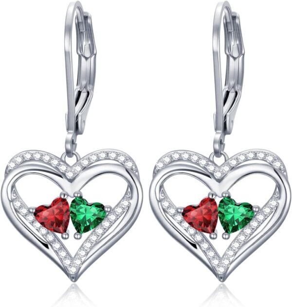 Heart Leverback Earrings Double Birthstone Dangle Earrings for Women, Love Jewelry for Her, Christmas Gifts for Women, Anniversary Birthday Gift for Mom Wife Girlfriend
