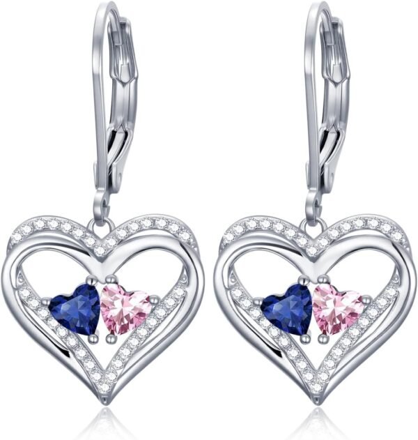 Heart Leverback Earrings Double Birthstone Dangle Earrings for Women, Love Jewelry for Her, Christmas Gifts for Women, Anniversary Birthday Gift for Mom Wife Girlfriend