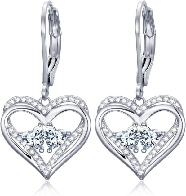 Heart Leverback Earrings Double Birthstone Dangle Earrings for Women, Love Jewelry for Her, Christmas Gifts for Women, Anniversary Birthday Gift for Mom Wife Girlfriend