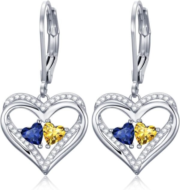 Heart Leverback Earrings Double Birthstone Dangle Earrings for Women, Love Jewelry for Her, Christmas Gifts for Women, Anniversary Birthday Gift for Mom Wife Girlfriend