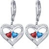 Heart Leverback Earrings Double Birthstone Dangle Earrings for Women, Love Jewelry for Her, Christmas Gifts for Women, Anniversary Birthday Gift for Mom Wife Girlfriend