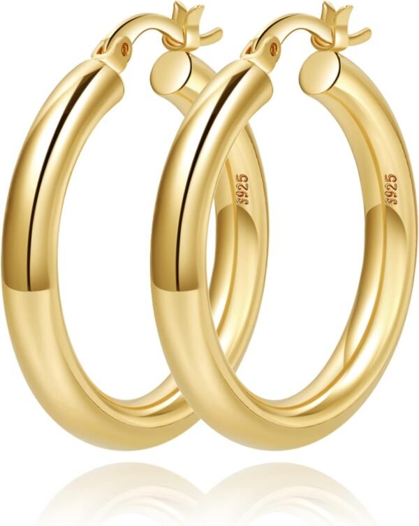 61D1qUvr35L._AC_SL1500 4mm Thick Gold Chunky Earrings Steling Silver Post Hoops Earrings For Women Hollow Tube Hoops Earrings Thick Gold Hoop Earrings Hypoallergenic Lightweight Gold Hoop Large Earrings 20/30/40/50/60MM