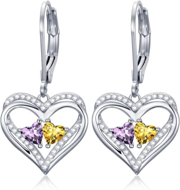 Heart Leverback Earrings Double Birthstone Dangle Earrings for Women, Love Jewelry for Her, Christmas Gifts for Women, Anniversary Birthday Gift for Mom Wife Girlfriend