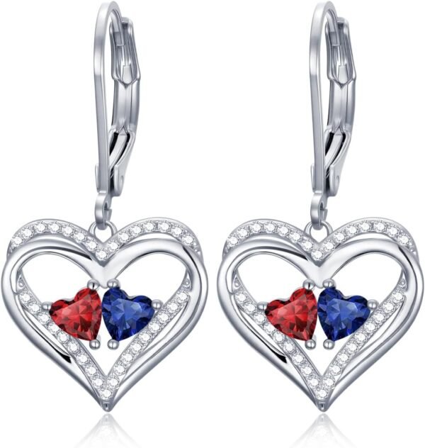 Heart Leverback Earrings Double Birthstone Dangle Earrings for Women, Love Jewelry for Her, Christmas Gifts for Women, Anniversary Birthday Gift for Mom Wife Girlfriend
