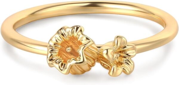 Birth Flower Ring for Women 14K Gold Plated Floral Minimalist Stackable Finger Jewelry Birthday Gifts
