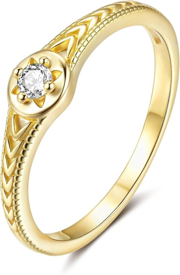 14K Gold Plated Signet Rings for Women Non Tarnish 925 Sterling Silver Dainty Stackable Gold Ring, Waterproof Engraved Flower Thin Band Unique Everyday Jewelry Gift