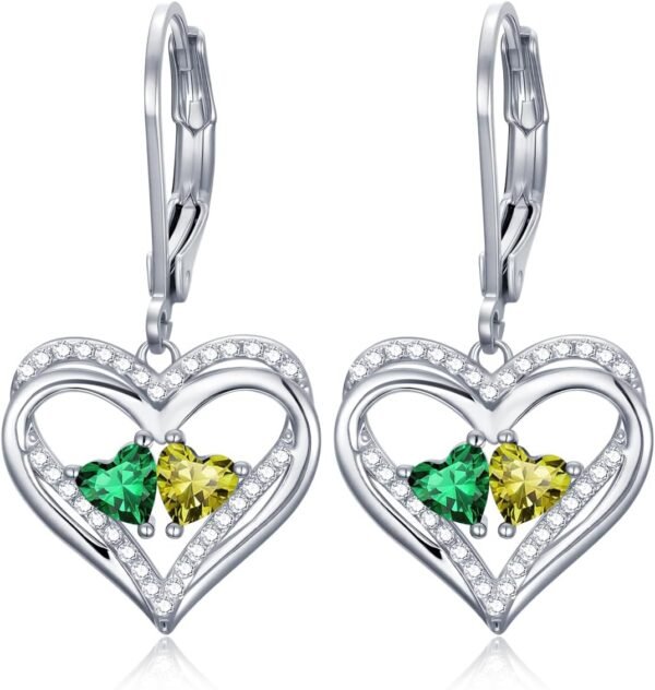 Heart Leverback Earrings Double Birthstone Dangle Earrings for Women, Love Jewelry for Her, Christmas Gifts for Women, Anniversary Birthday Gift for Mom Wife Girlfriend