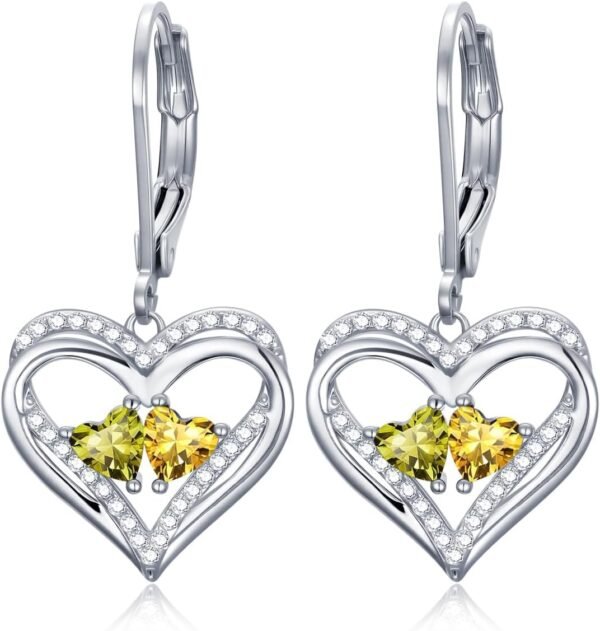Heart Leverback Earrings Double Birthstone Dangle Earrings for Women, Love Jewelry for Her, Christmas Gifts for Women, Anniversary Birthday Gift for Mom Wife Girlfriend