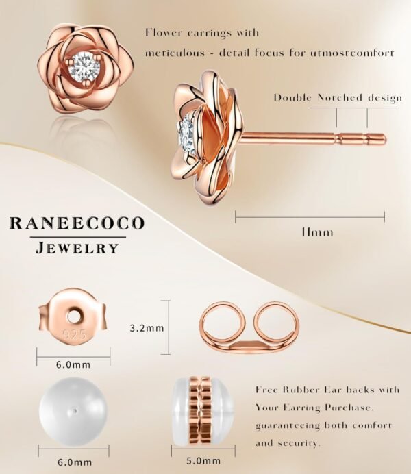 Gold Plated Sterling Silver Rose Flower Earring Studs, Hypoallergenic & Nickel Free Earrings for Women