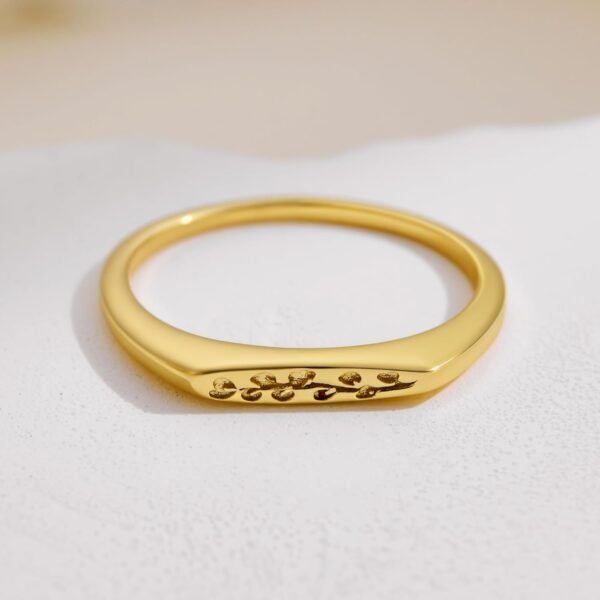 14K Gold Plated Signet Rings for Women Non Tarnish 925 Sterling Silver Dainty Stackable Gold Ring, Waterproof Engraved Flower Thin Band Unique Everyday Jewelry Gift