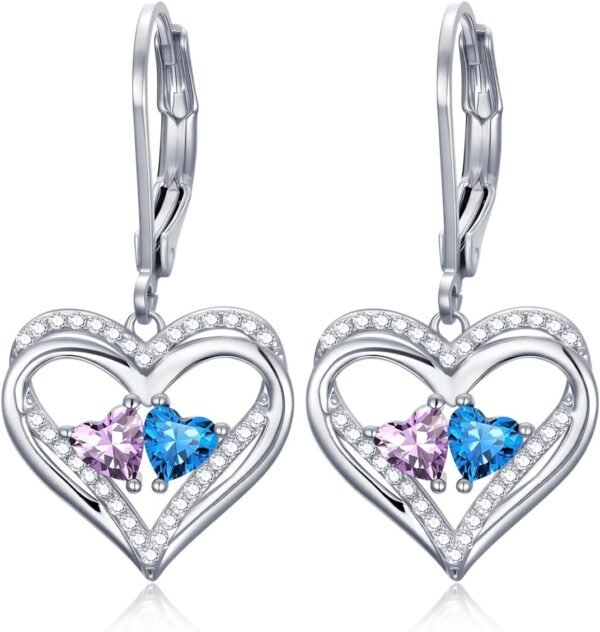 Heart Leverback Earrings Double Birthstone Dangle Earrings for Women, Love Jewelry for Her, Christmas Gifts for Women, Anniversary Birthday Gift for Mom Wife Girlfriend