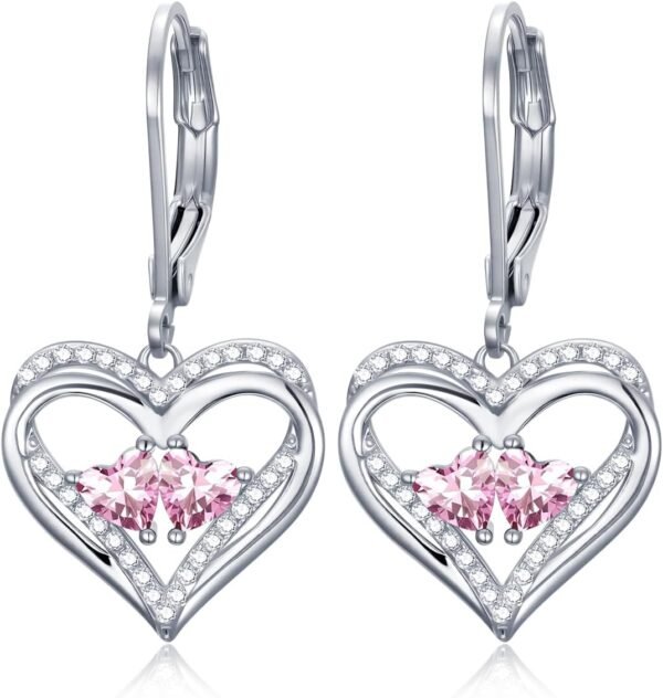 Heart Leverback Earrings Double Birthstone Dangle Earrings for Women, Love Jewelry for Her, Christmas Gifts for Women, Anniversary Birthday Gift for Mom Wife Girlfriend