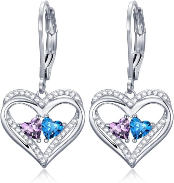 Heart Leverback Earrings Double Birthstone Dangle Earrings for Women, Love Jewelry for Her, Christmas Gifts for Women, Anniversary Birthday Gift for Mom Wife Girlfriend