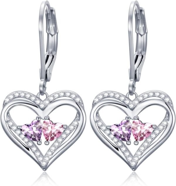 Heart Leverback Earrings Double Birthstone Dangle Earrings for Women, Love Jewelry for Her, Christmas Gifts for Women, Anniversary Birthday Gift for Mom Wife Girlfriend