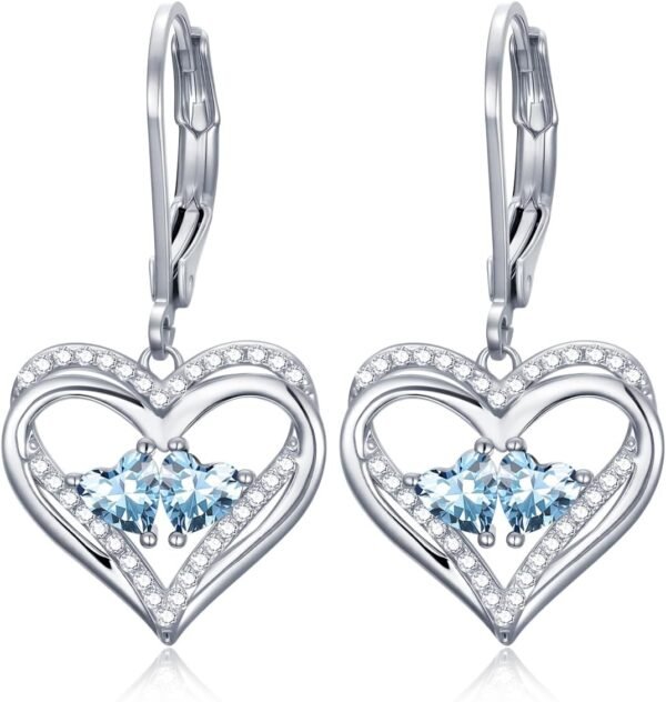 Heart Leverback Earrings Double Birthstone Dangle Earrings for Women, Love Jewelry for Her, Christmas Gifts for Women, Anniversary Birthday Gift for Mom Wife Girlfriend