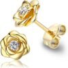 Gold Plated Sterling Silver Rose Flower Earring Studs, Hypoallergenic & Nickel Free Earrings for Women