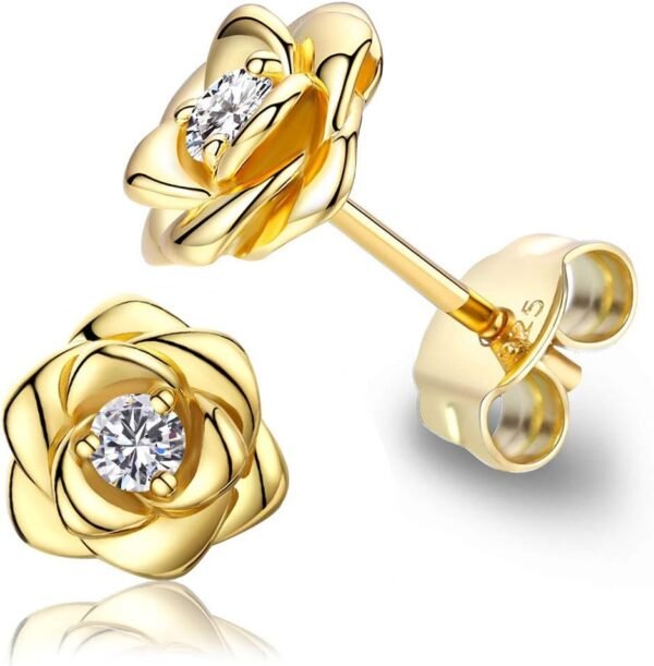 Gold Plated Sterling Silver Rose Flower Earring Studs, Hypoallergenic & Nickel Free Earrings for Women