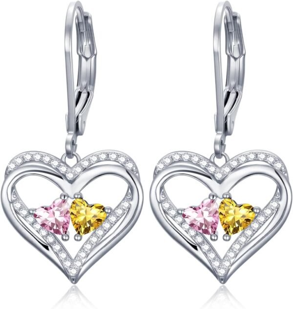 Heart Leverback Earrings Double Birthstone Dangle Earrings for Women, Love Jewelry for Her, Christmas Gifts for Women, Anniversary Birthday Gift for Mom Wife Girlfriend