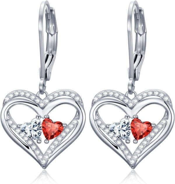 Heart Leverback Earrings Double Birthstone Dangle Earrings for Women, Love Jewelry for Her, Christmas Gifts for Women, Anniversary Birthday Gift for Mom Wife Girlfriend