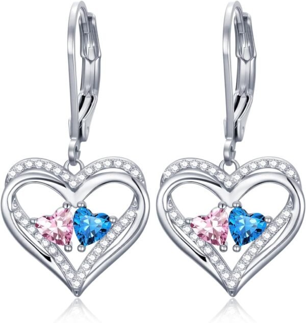 Heart Leverback Earrings Double Birthstone Dangle Earrings for Women, Love Jewelry for Her, Christmas Gifts for Women, Anniversary Birthday Gift for Mom Wife Girlfriend