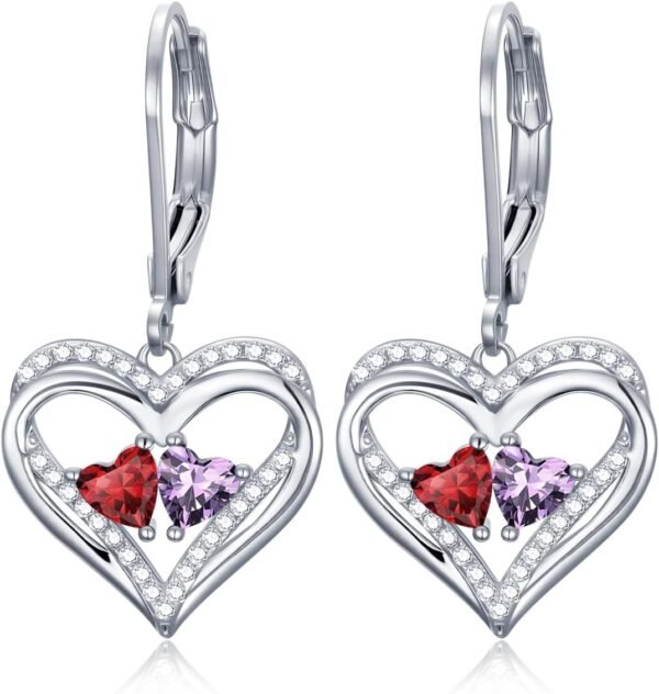 Heart Leverback Earrings Double Birthstone Dangle Earrings for Women, Love Jewelry for Her, Christmas Gifts for Women, Anniversary Birthday Gift for Mom Wife Girlfriend