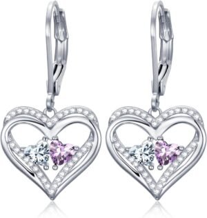 Heart Leverback Earrings Double Birthstone Dangle Earrings for Women, Love Jewelry for Her, Christmas Gifts for Women, Anniversary Birthday Gift for Mom Wife Girlfriend