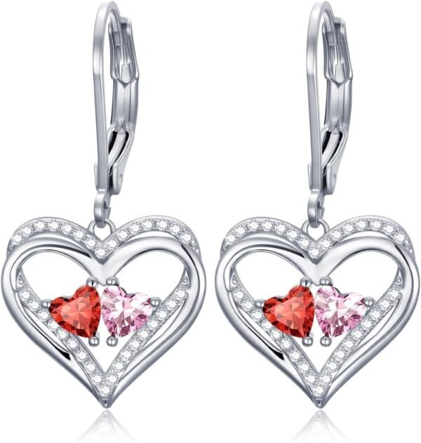 Heart Leverback Earrings Double Birthstone Dangle Earrings for Women, Love Jewelry for Her, Christmas Gifts for Women, Anniversary Birthday Gift for Mom Wife Girlfriend
