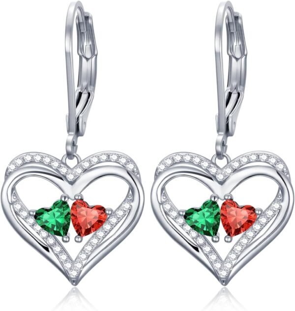 Heart Leverback Earrings Double Birthstone Dangle Earrings for Women, Love Jewelry for Her, Christmas Gifts for Women, Anniversary Birthday Gift for Mom Wife Girlfriend