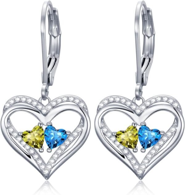 Heart Leverback Earrings Double Birthstone Dangle Earrings for Women, Love Jewelry for Her, Christmas Gifts for Women, Anniversary Birthday Gift for Mom Wife Girlfriend