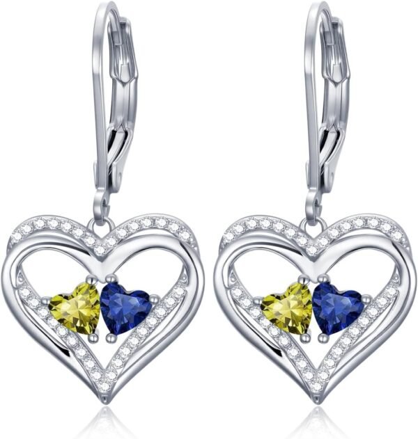 Heart Leverback Earrings Double Birthstone Dangle Earrings for Women, Love Jewelry for Her, Christmas Gifts for Women, Anniversary Birthday Gift for Mom Wife Girlfriend