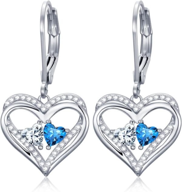 Heart Leverback Earrings Double Birthstone Dangle Earrings for Women, Love Jewelry for Her, Christmas Gifts for Women, Anniversary Birthday Gift for Mom Wife Girlfriend