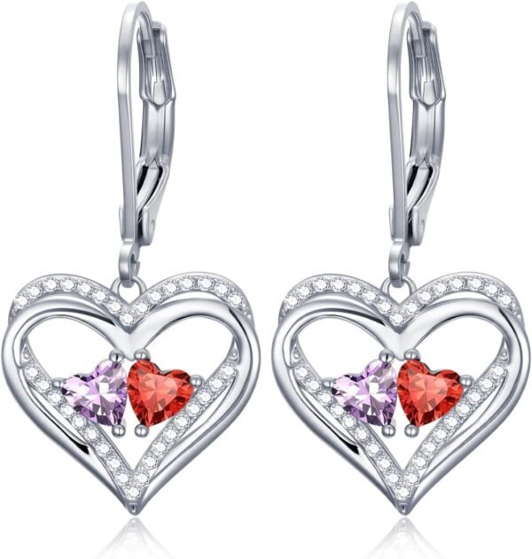 Heart Leverback Earrings Double Birthstone Dangle Earrings for Women, Love Jewelry for Her, Christmas Gifts for Women, Anniversary Birthday Gift for Mom Wife Girlfriend
