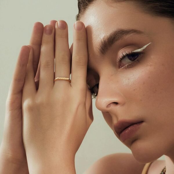 14K Gold Plated Signet Rings for Women Non Tarnish 925 Sterling Silver Dainty Stackable Gold Ring, Waterproof Engraved Flower Thin Band Unique Everyday Jewelry Gift