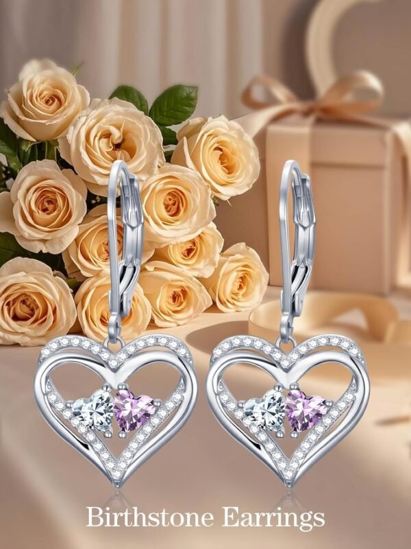 Heart Leverback Earrings Double Birthstone Dangle Earrings for Women, Love Jewelry for Her, Christmas Gifts for Women, Anniversary Birthday Gift for Mom Wife Girlfriend