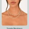 14K Gold Plated 3mm Simulated Diamond Tennis Necklace – Chunky Long Necklace for Women – Sizes 16" and 18"