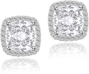 Cubic Zirconia Earrings Studs, Halo CZ Birthstone Simulated Diamond Stud Earrings for Women