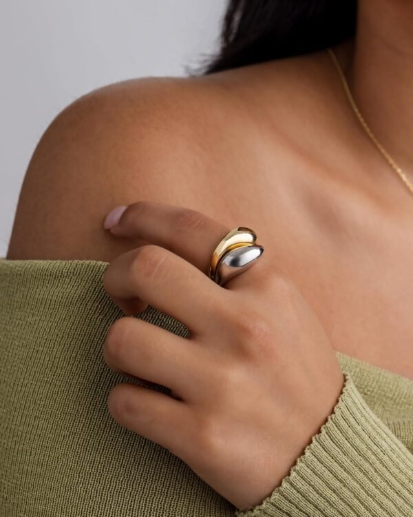 14K Gold Plated Mixed Metal Chunky Two Tone Wavy Dome Rings Pack for Women | Statement Ring Set